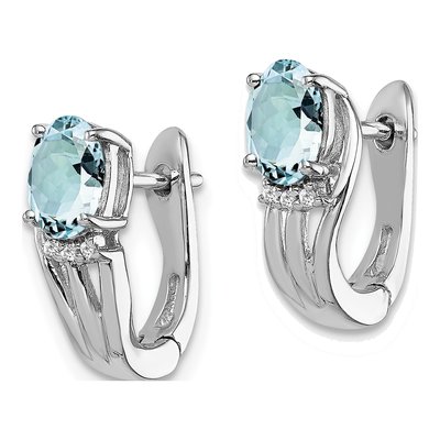 Sterling Silver 13mm Aquamarine & Diamond Huggie Hoop Earrings – view 3
