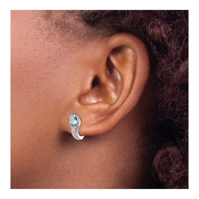 Sterling Silver 13mm Aquamarine & Diamond Huggie Hoop Earrings – view 4