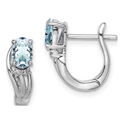 Sterling Silver 13mm Aquamarine & Diamond Huggie Hoop Earrings