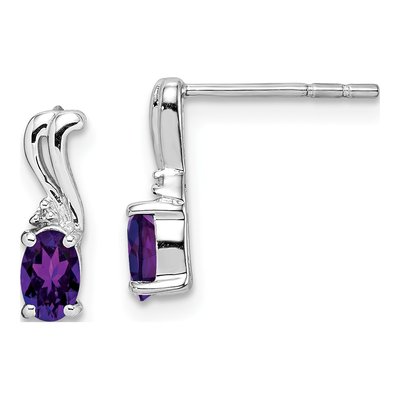 Sterling Silver Amethyst & Diamond Oval Dangle Earrings