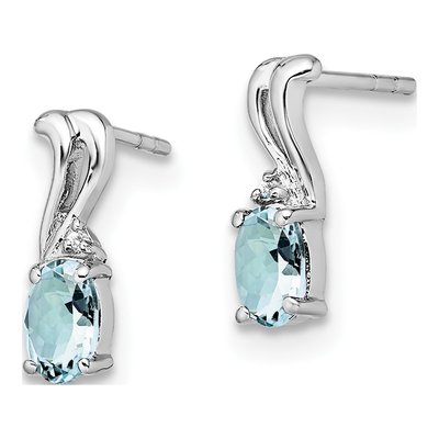 Sterling Silver Round Aquamarine & Diamond Oval Stud Earrings – view 3