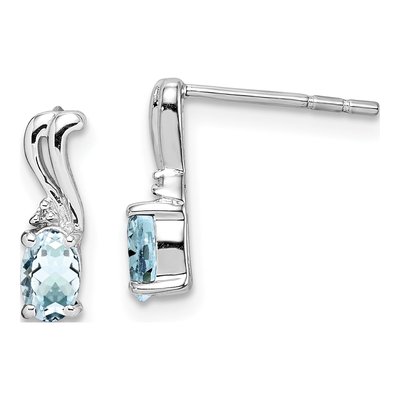 Sterling Silver Round Aquamarine & Diamond Oval Stud Earrings