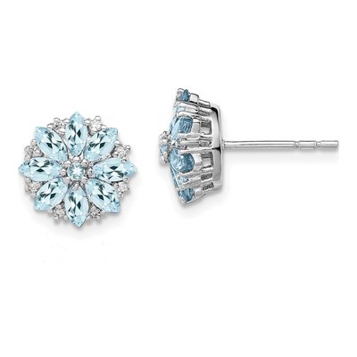 Sterling Silver 1/15 ct tw Round Aquamarine & Diamond Cluster Stud Earrings