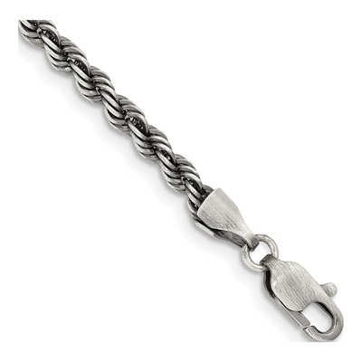 Sterling Silver 3.4mm Ruthenium Rope Chain Bracelet