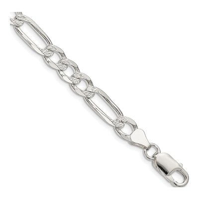 Sterling Silver 7mm Pave Flat Figaro Chain Bracelet