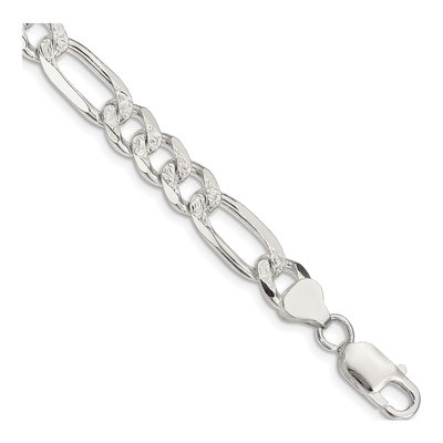 Sterling Silver 8mm Pave Flat Figaro Chain Bracelet
