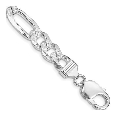 Sterling Silver 9.5mm Pave Flat Figaro Chain Bracelet