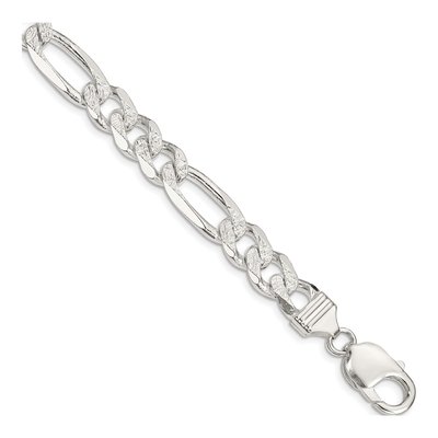 Sterling Silver 10.5mm Pave Flat Figaro Chain Bracelet