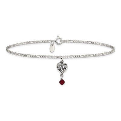 Sterling Silver Crystal Dangling Antiqued Heart Anklet – view 4