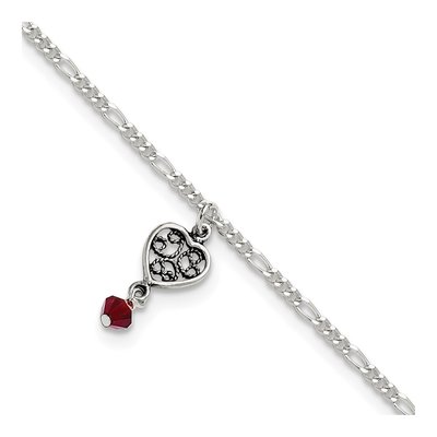 Sterling Silver Crystal Dangling Antiqued Heart Anklet
