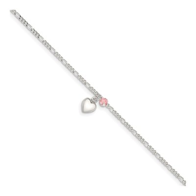 Sterling Silver Cherry Quartz Heart Figaro Anklet