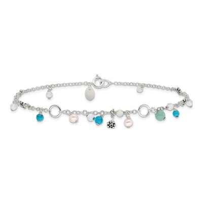 Sterling Silver Freshwater Cultured Pearl & Turquoise Clear Anklet – view 5