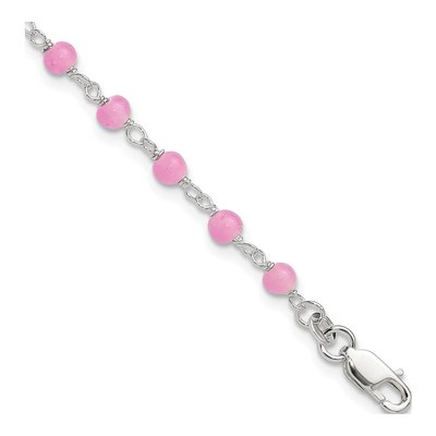 Sterling Silver Pink Glass Heart Anklet