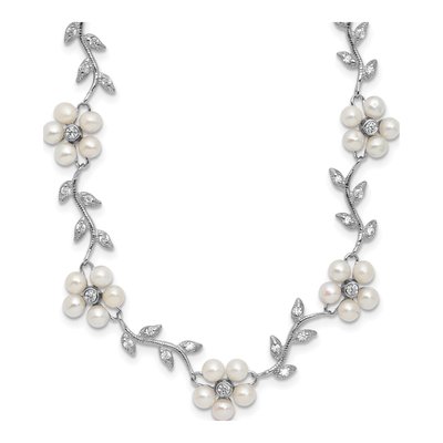 Sterling Silver Freshwater Cultured Pearl & CZ Vine Necklace