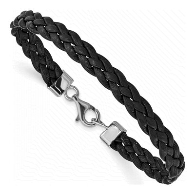 Sterling Silver Black Leather Braided Bracelet