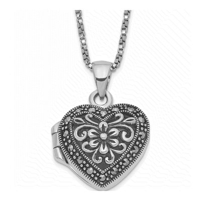 Sterling Silver Marcasite Heart Locket Pendant Necklace