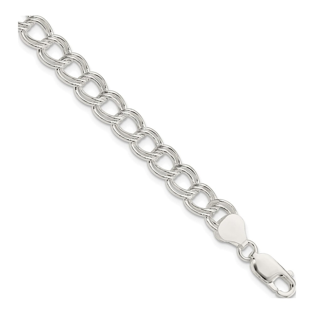 8 Inch Sterling Silver 7.5mm Semi-Solid Double Link Charm Bracelet with Lobster Clasp