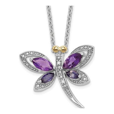 Sterling Silver Amethyst & Diamond Iolite Dragonfly Pendant Necklace
