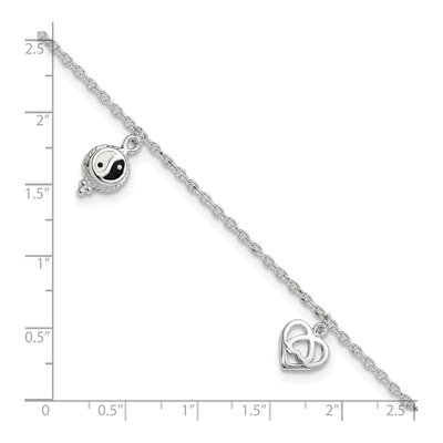 Sterling Silver Heart Yin Yang Peace Sign Anklet – view 4