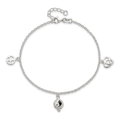 Sterling Silver Heart Yin Yang Peace Sign Anklet – view 6