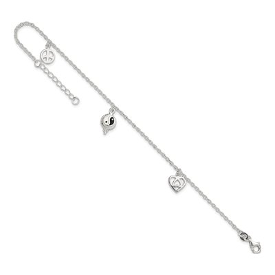 Sterling Silver Heart Yin Yang Peace Sign Anklet – view 8