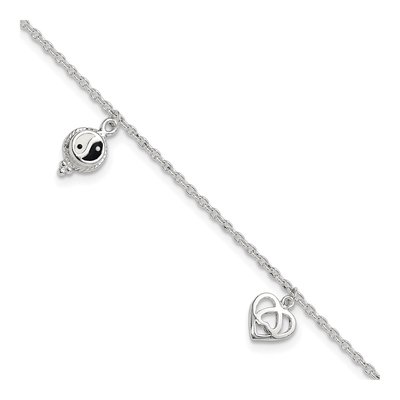 Sterling Silver Heart Yin Yang Peace Sign Anklet