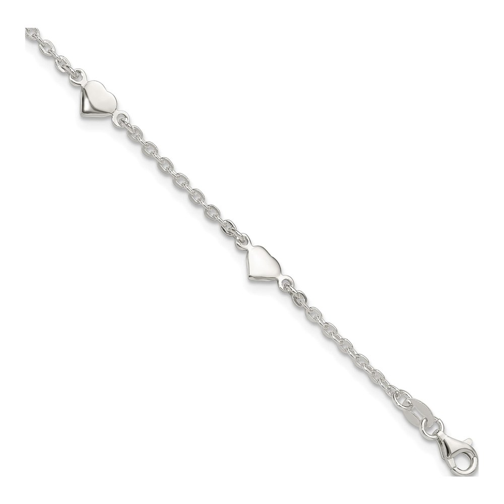 Sterling Silver Heart Station Anklet, 9+1 in