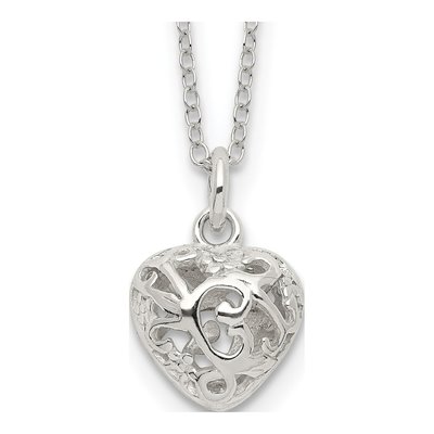 Sterling Silver CZ Puffed Filigree Heart Pendant Necklace