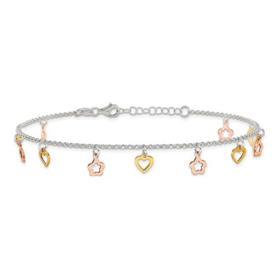 Sterling Silver Hearts Flowers Station Anklet – view 4