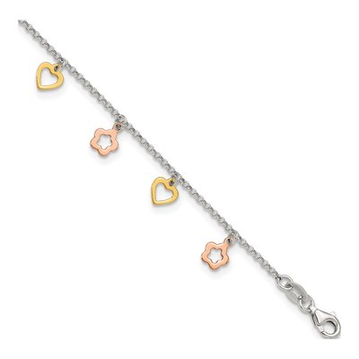 Sterling Silver Hearts Flowers Station Anklet
