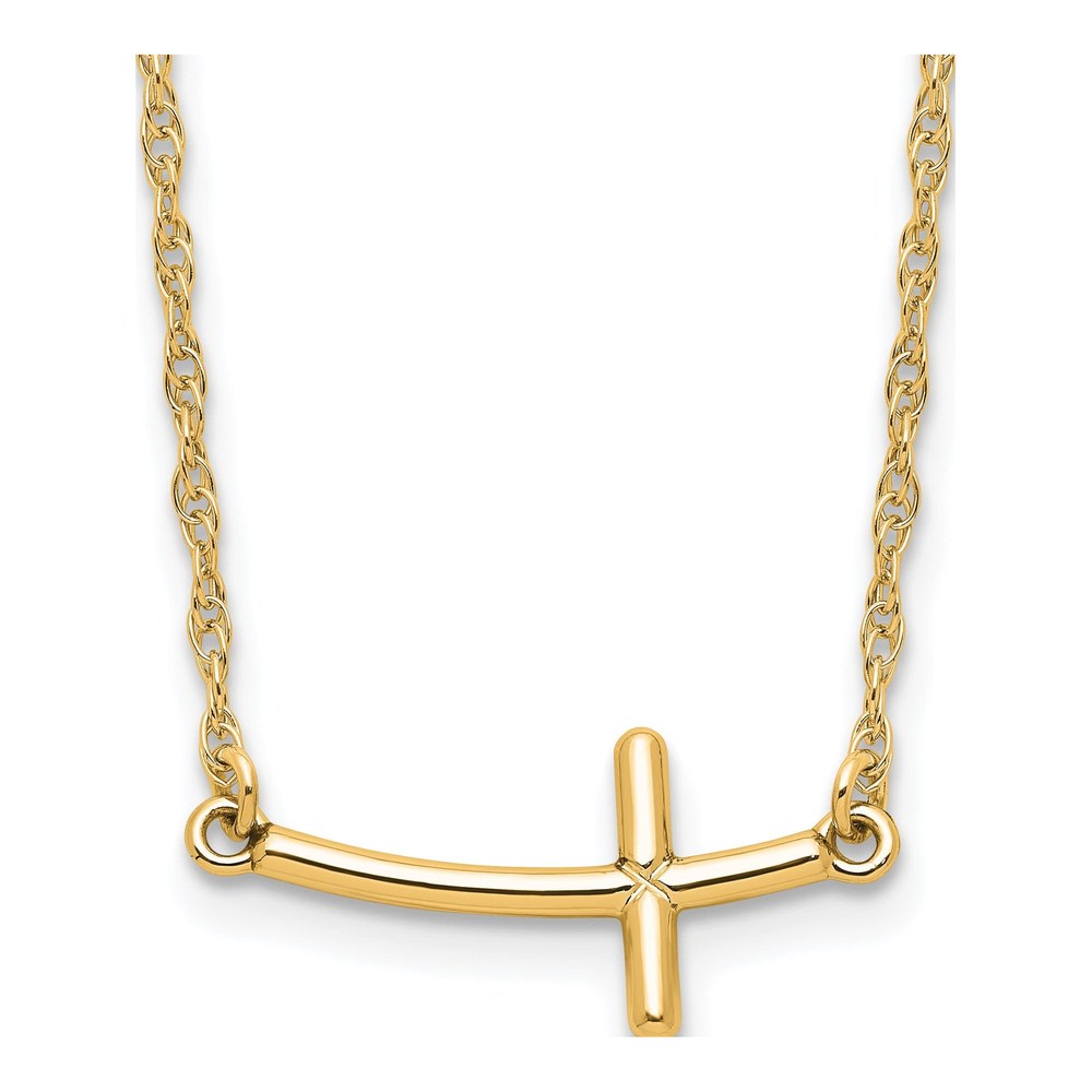 18 Inch Sterling Silver Yg-Plated Small Sideways Curved Cross Necklace with Spring Ring Clasp
