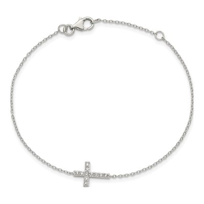 Sterling Silver CZ Sideways Cross Bracelet – view 4