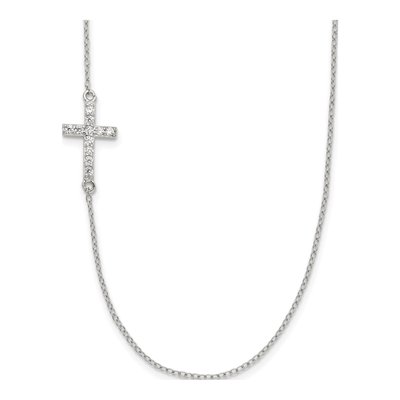 Sterling Silver CZ Sideways Cross Pendant Necklace