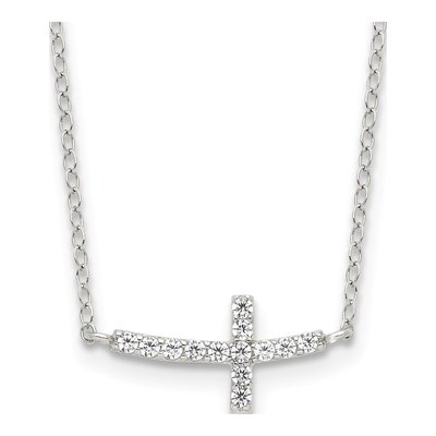 Sterling Silver CZ Sideways Cross Pendant Necklace