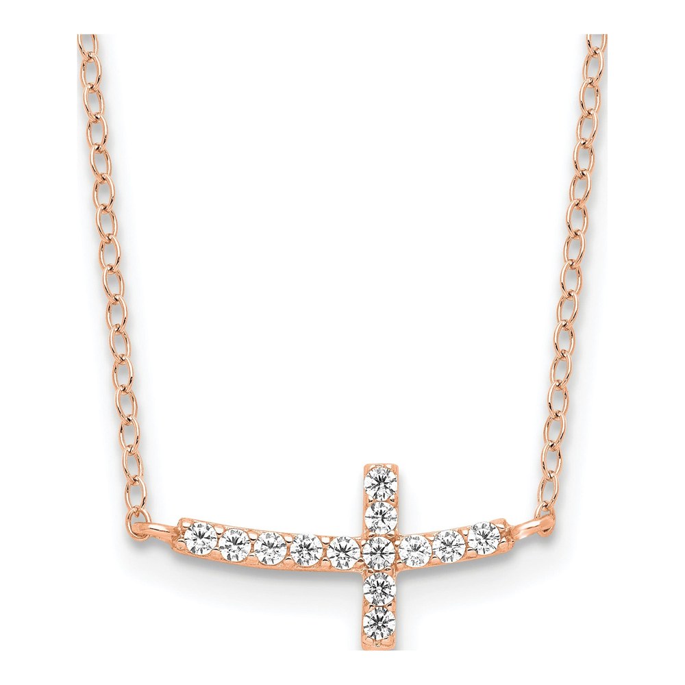 20 Inch Sterling Silver Rose Gold-Plated Cz Sideways Cross With 2 Inch Ext Necklace with Lobster Clasp