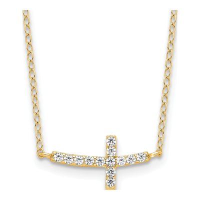 Gold-Plated Sterling Silver CZ Sideways Cross Pendant Necklace