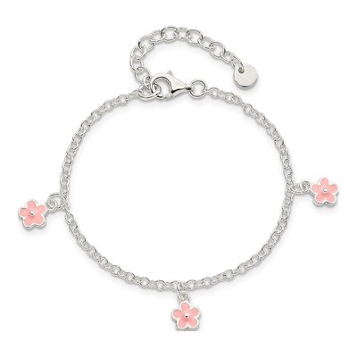 Sterling Silver Girls' Pink Enamel Flower Bracelet – view 2
