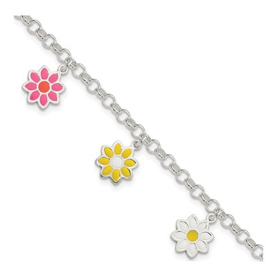 Sterling Silver Girl's Enamel Flower Bracelet