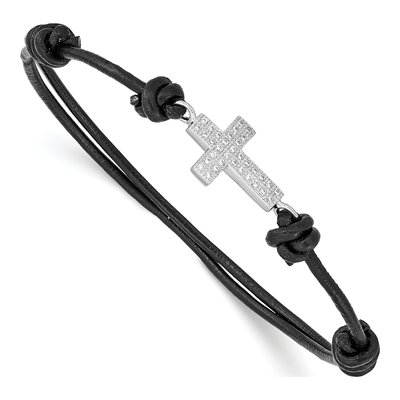 Sterling Silver CZ Cross Leather Bracelet
