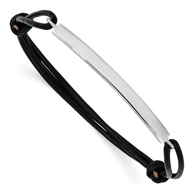 Sterling Silver Plate Black Leather Adjustable ID Bracelet
