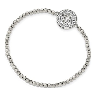Sterling Silver CZ Cross Beaded Stretch Bracelet