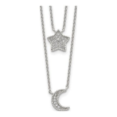 Sterling Silver CZ Moon Star Pendant Necklace