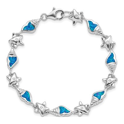 Sterling Silver Lab-Created Opal & CZ Starfish Seashell Bracelet – view 4
