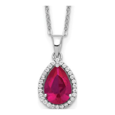 Sterling Silver Lab-Created Ruby & CZ Clear Pear Shaped Pendant Necklace