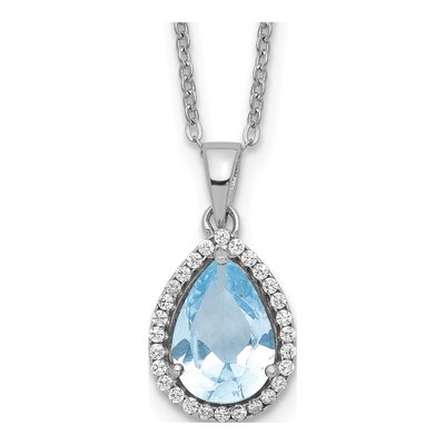 Sterling Silver Aquamarine & CZ Pendant Necklace
