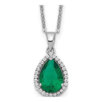 Sterling Silver Lab-Created Emerald & CZ May Birthstone Pendant Necklace
