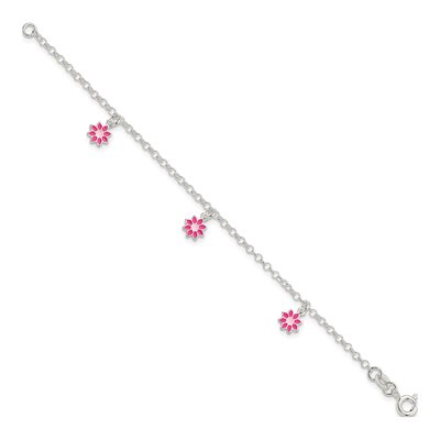 Sterling Silver Girls' Pink Enamel Flower Bracelet – view 2