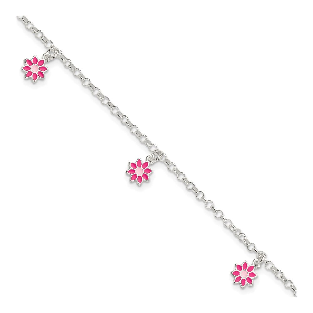 Sterling Silver Girls' Pink Enamel Flower Bracelet