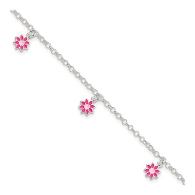 Sterling Silver Girls' Pink Enamel Flower Bracelet