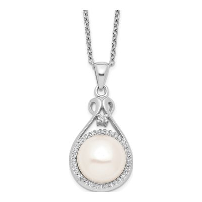 Sterling Silver Freshwater Cultured Pearl & CZ Button Necklace